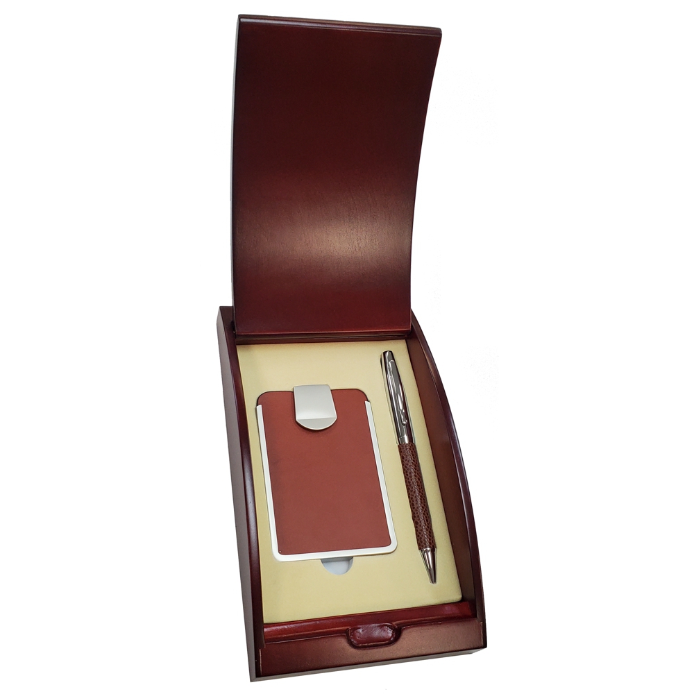 Brown Leather Business Card Case with Pen Gift Set