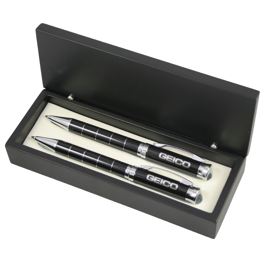 Silver Finish Circular Design Ballpoint Pen and Pencil Set