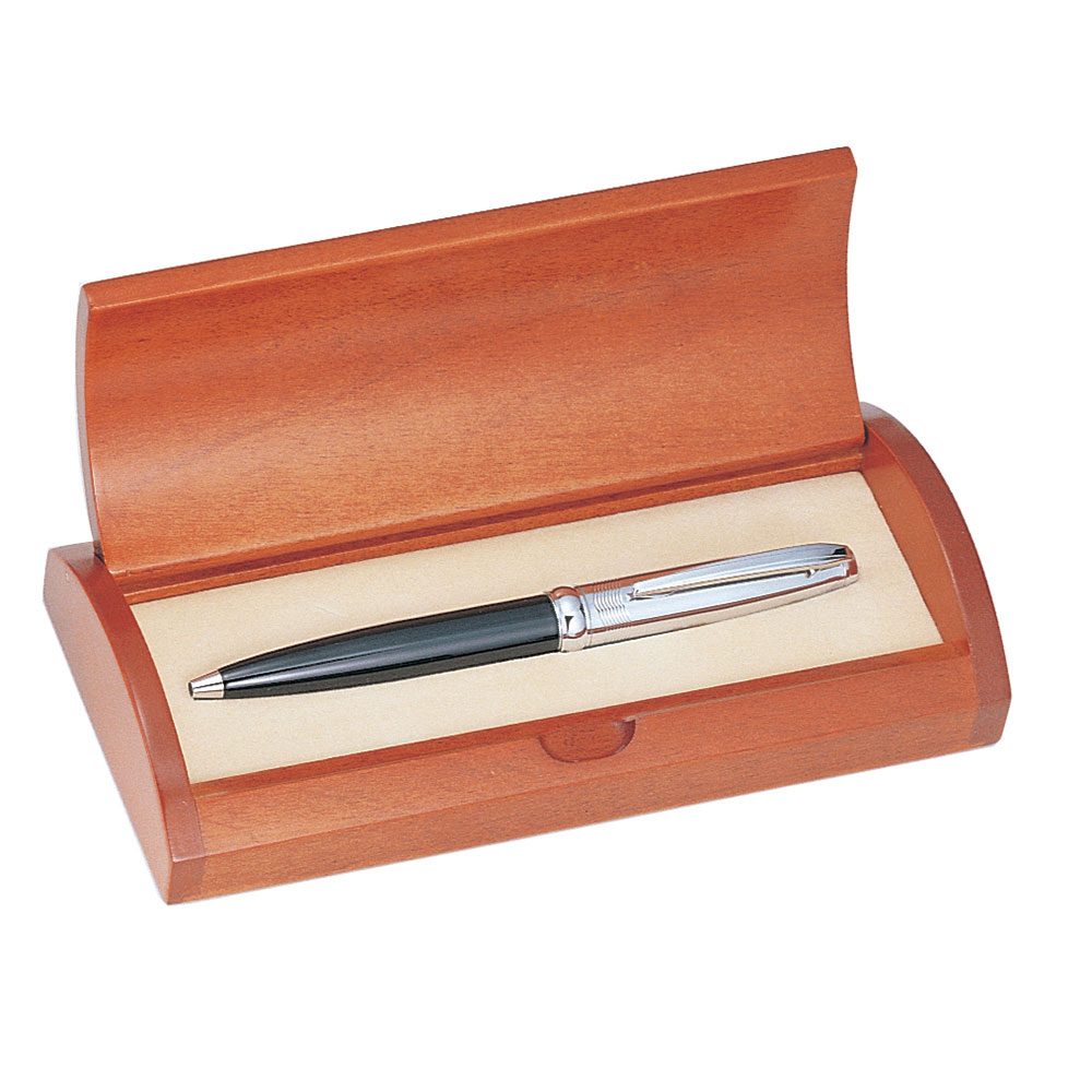 Executive Glossy Black Ballpoint Pen Set in Curved Wooden Box