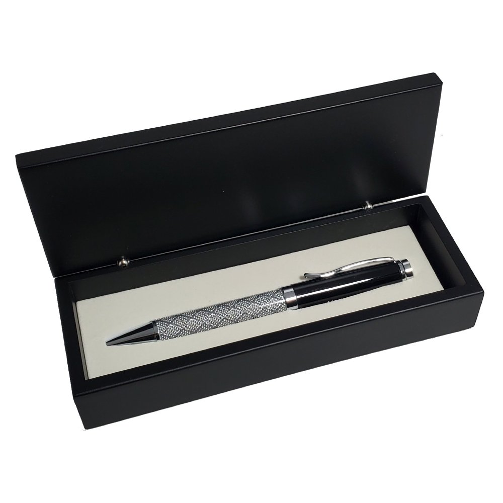 Silver Glass Fiber Finish Ball Pen in Black Wooden Box