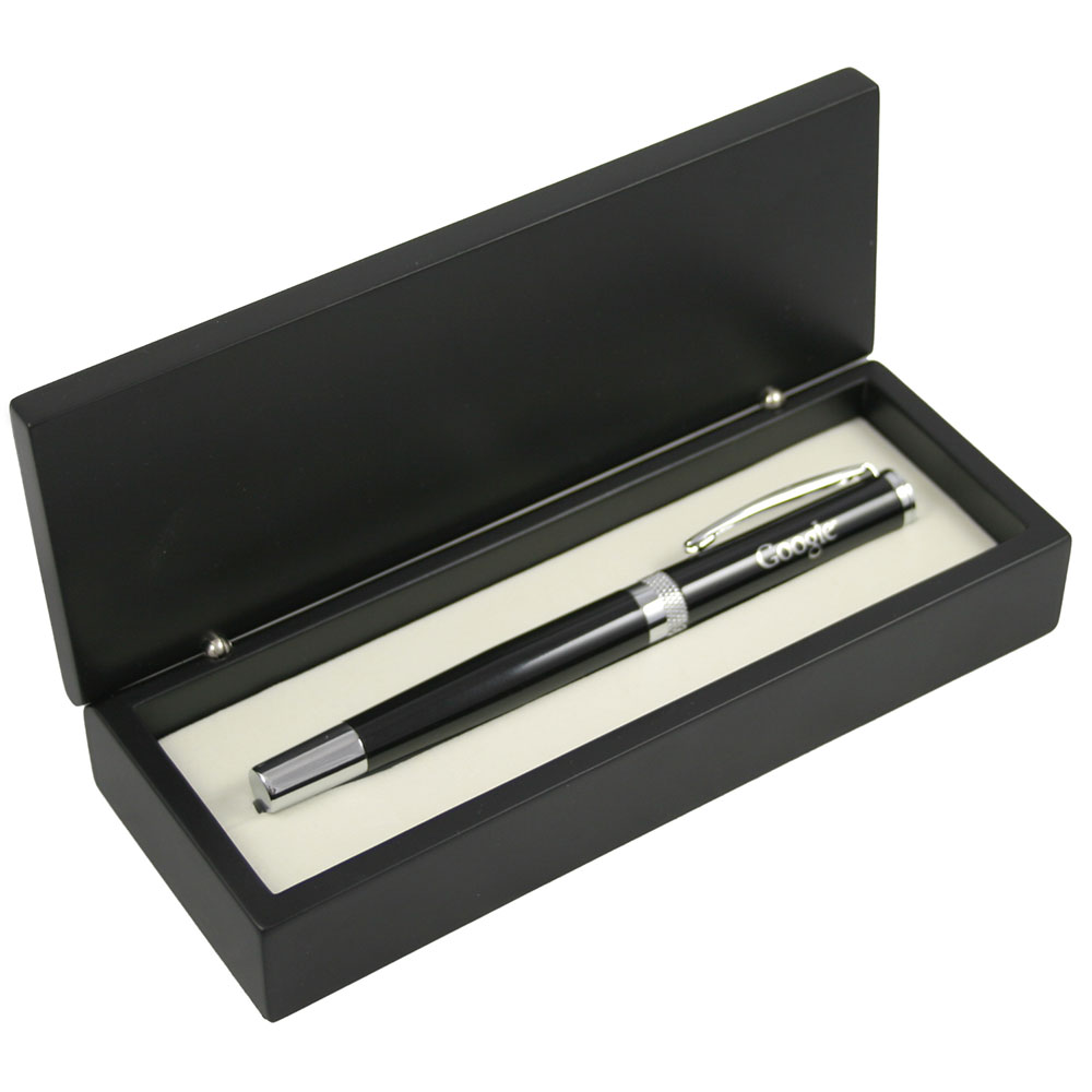 Glossy Black Roller Ball Pen with Diamond Cut Ring in Wooden Box ...