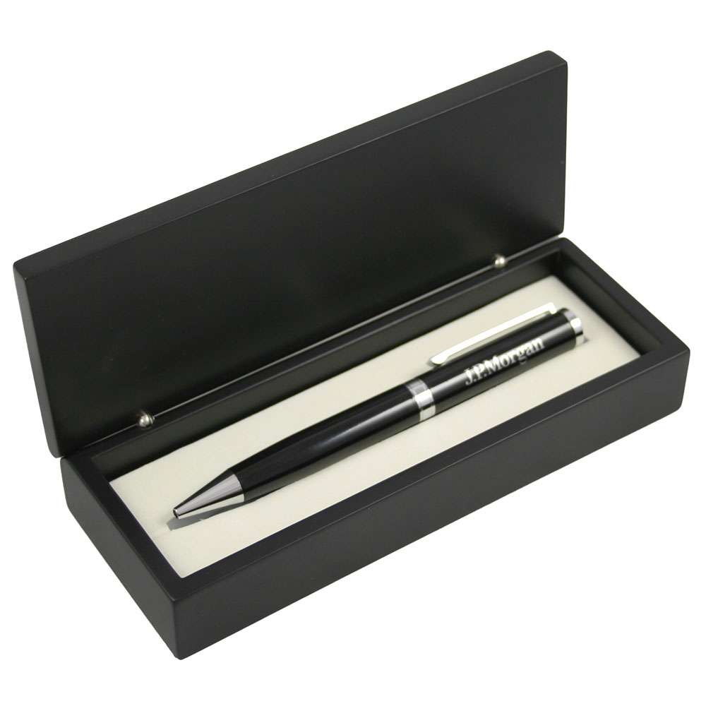 Glossy Black Ballpoint Pen with Chrome Accents in Wooden Box | VP6368-BK